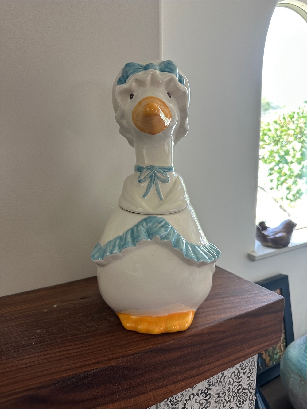 Vintage Ceramic Duck Cookie Jar in White and Blue